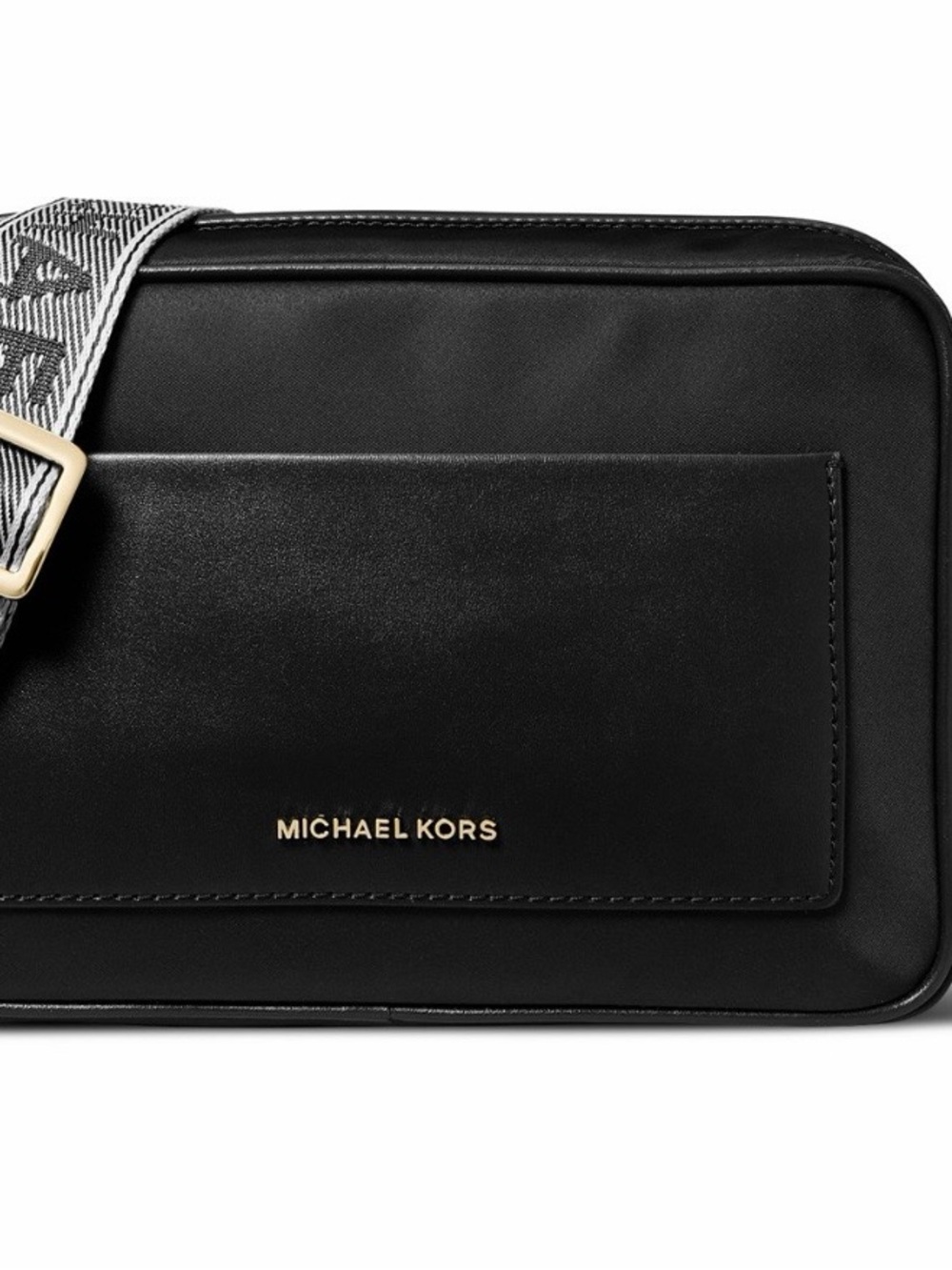 Michael Kors Black Leather Camera Bag with Patterned Logo Strap